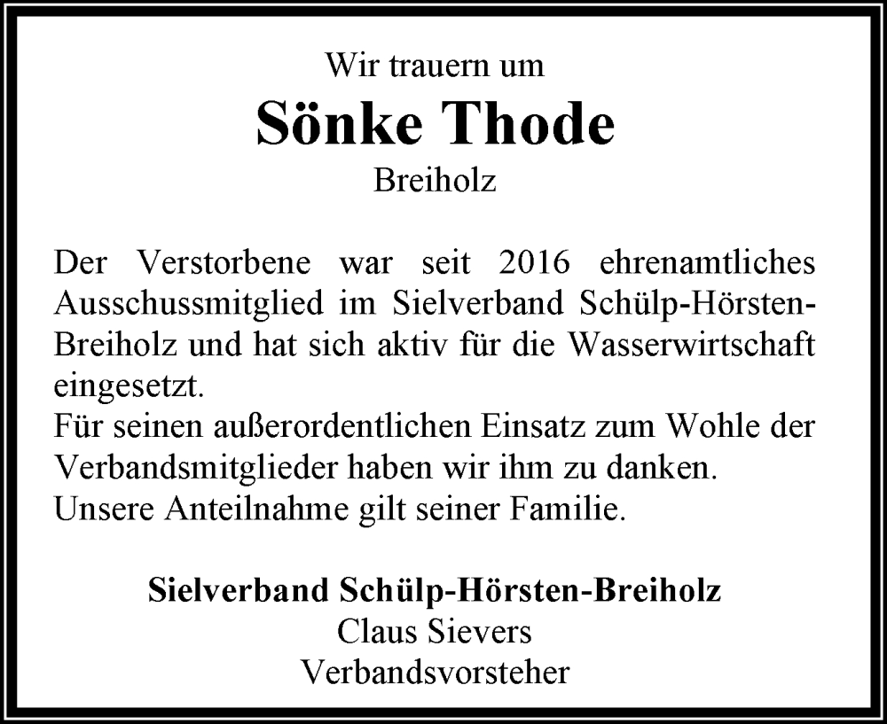  Traueranzeige für Sönke Thode vom 21.02.2026 aus Schleswig-Holsteinische Landeszeitung