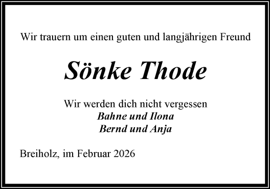 Traueranzeige von Sönke Thode von Schleswig-Holsteinische Landeszeitung