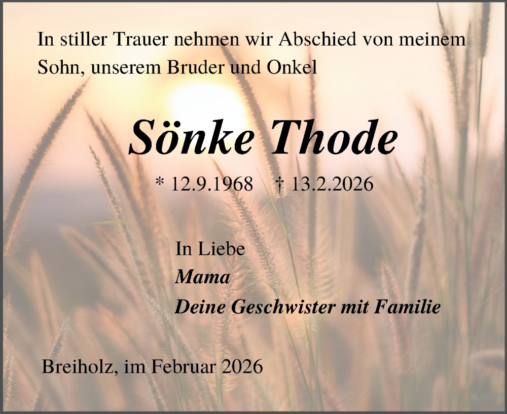  Traueranzeige für Sönke Thode vom 21.02.2026 aus Schleswig-Holsteinische Landeszeitung