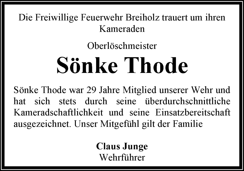  Traueranzeige für Sönke Thode vom 21.02.2026 aus Schleswig-Holsteinische Landeszeitung
