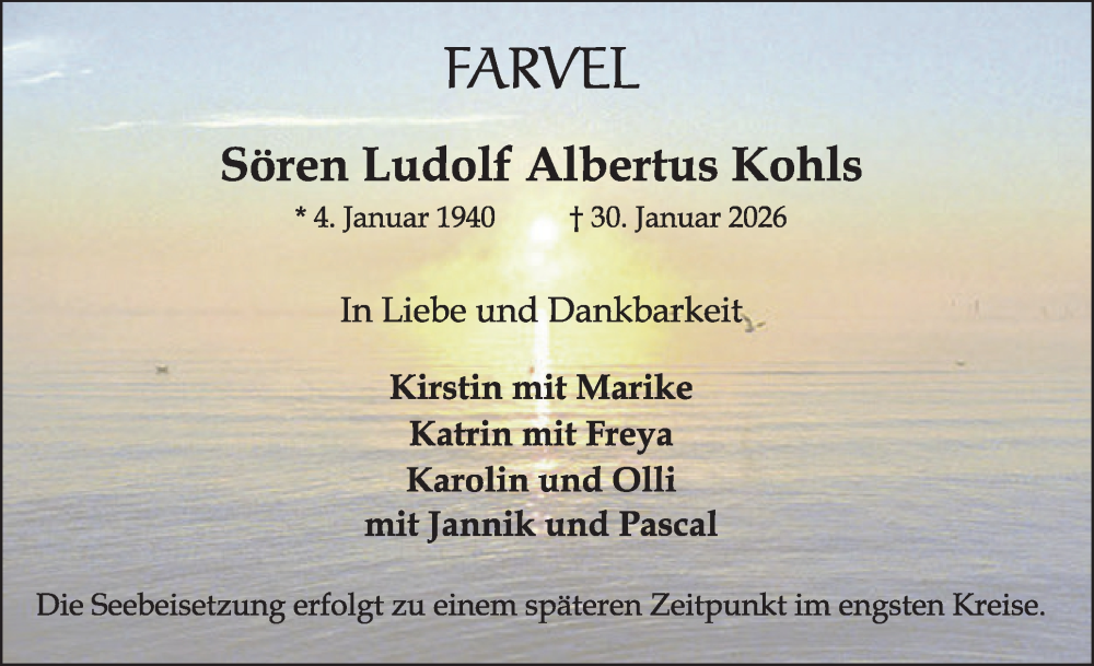  Traueranzeige für Sören Ludolf Albertus Kohls vom 07.02.2026 aus Elmshorner Nachrichten, Barmstedter Zeitung