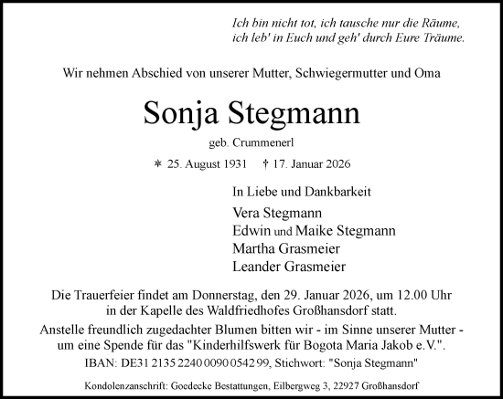 Traueranzeige von Sonja Stegmann von MARKT Ahrensburg/Bargteheide/Trittau und Stormarner Tageblatt
