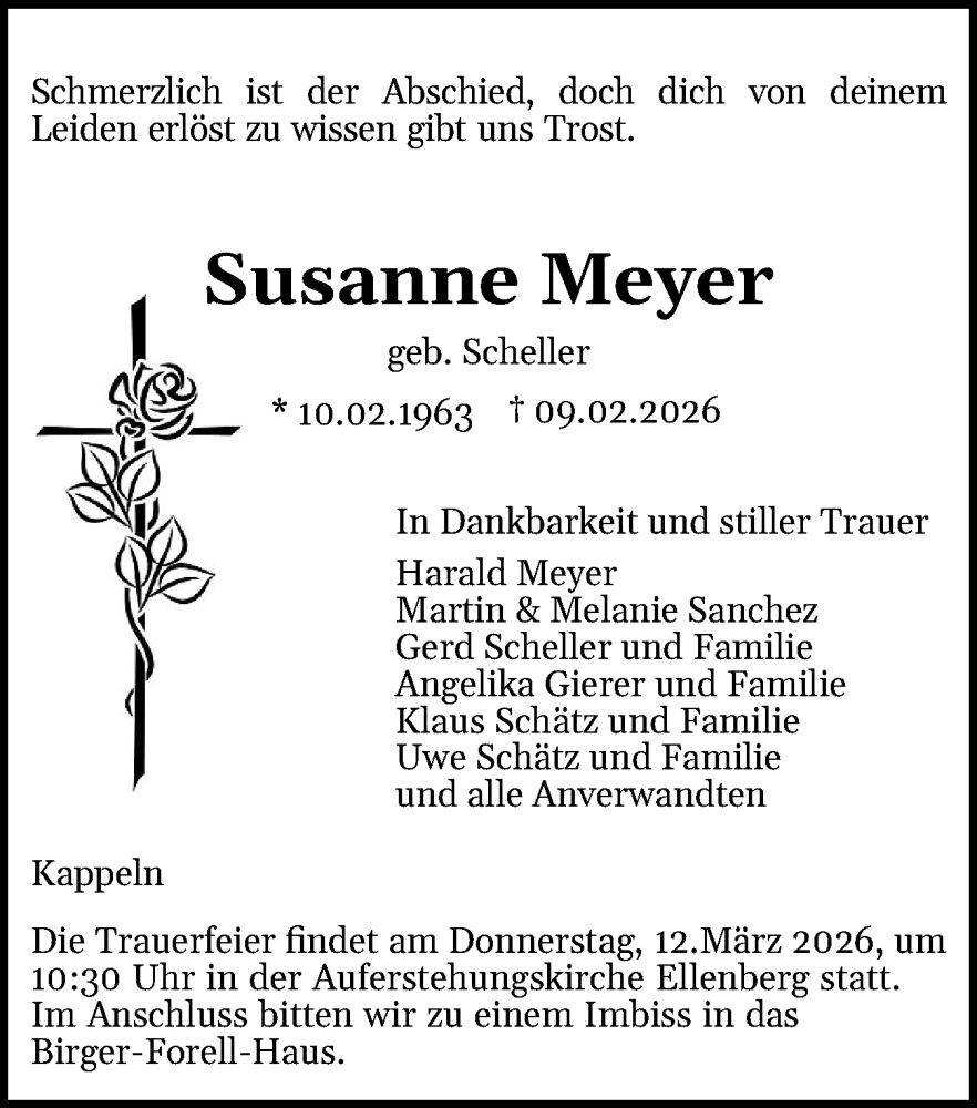  Traueranzeige für Susanne Meyer vom 13.02.2026 aus Schleswiger Nachrichten, Schlei-Bote