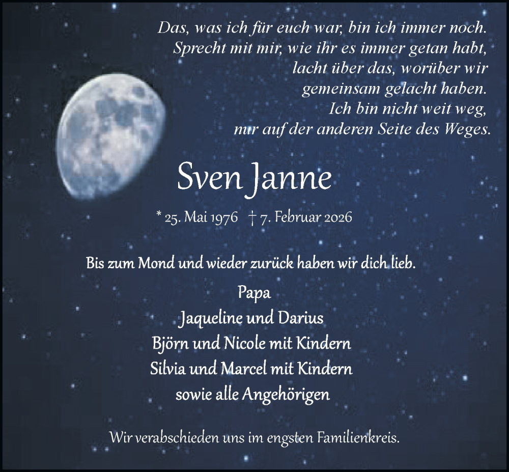  Traueranzeige für Sven Janne vom 14.02.2026 aus MARKT Bad Oldesloe/Reinfeld und Stormarner Tageblatt