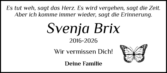 Traueranzeige von Svenja Brix von Schleswiger Nachrichten, Schlei-Bote