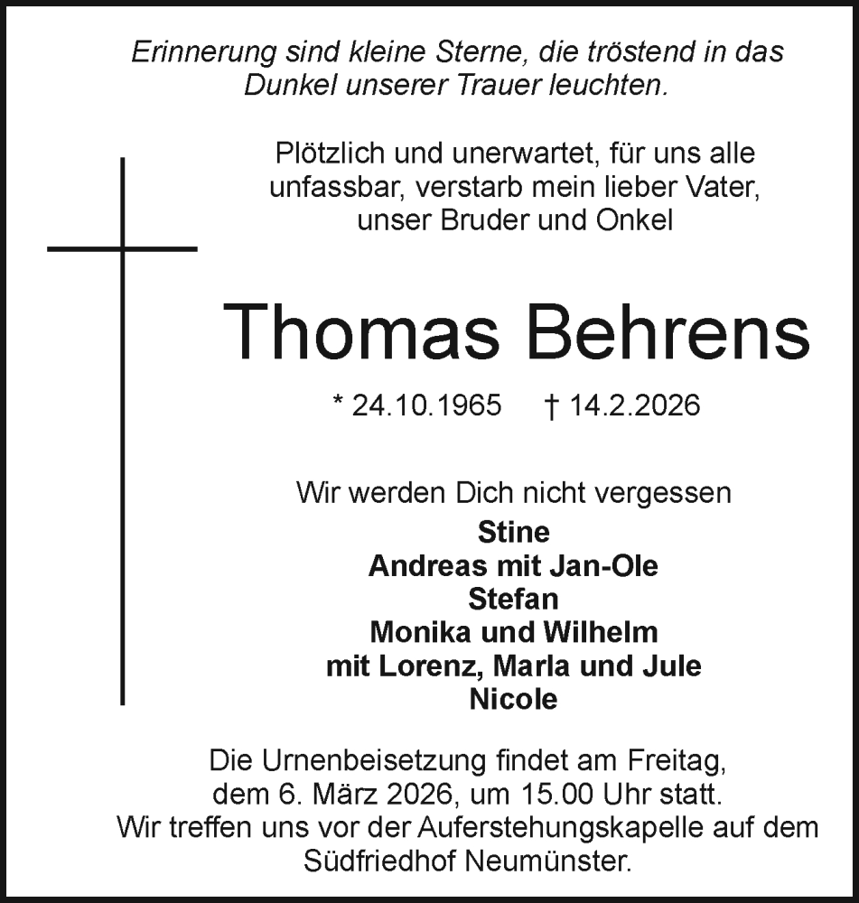  Traueranzeige für Thomas Behrens vom 21.02.2026 aus Holsteinischer Courier