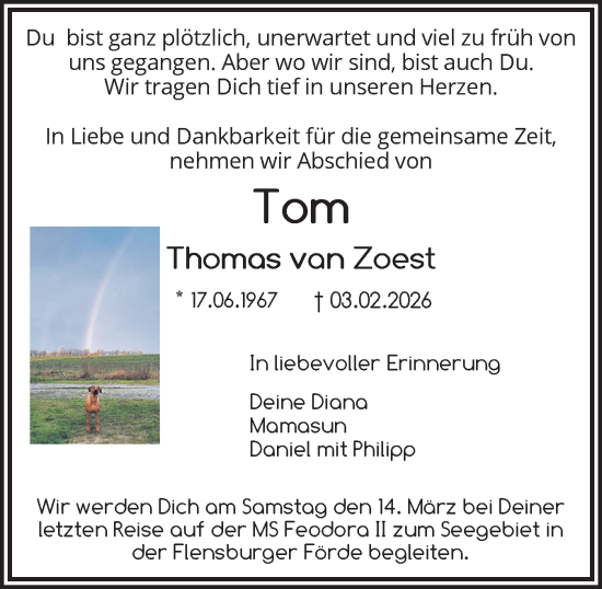 Traueranzeige von Thomas van Zoest von Flensburger Tageblatt