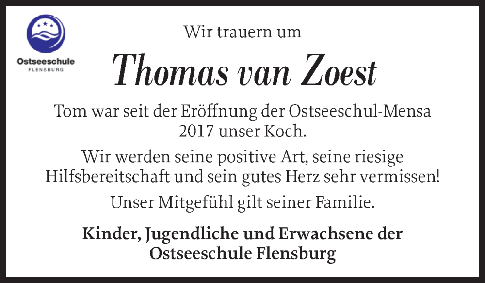  Traueranzeige für Thomas van Zoest vom 09.02.2026 aus Flensburger Tageblatt