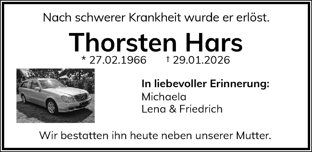  Traueranzeige für Thorsten Hars vom 27.02.2026 aus Schleswig-Holsteinische Landeszeitung
