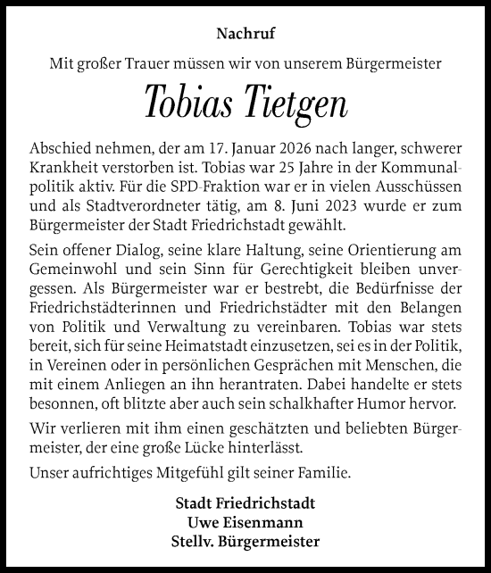 Traueranzeige von Tobias Tietgen von Husumer Nachrichten, Nordfriesland Tageblatt
