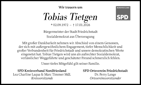 Traueranzeige von Tobias Tietgen von Region Westküste