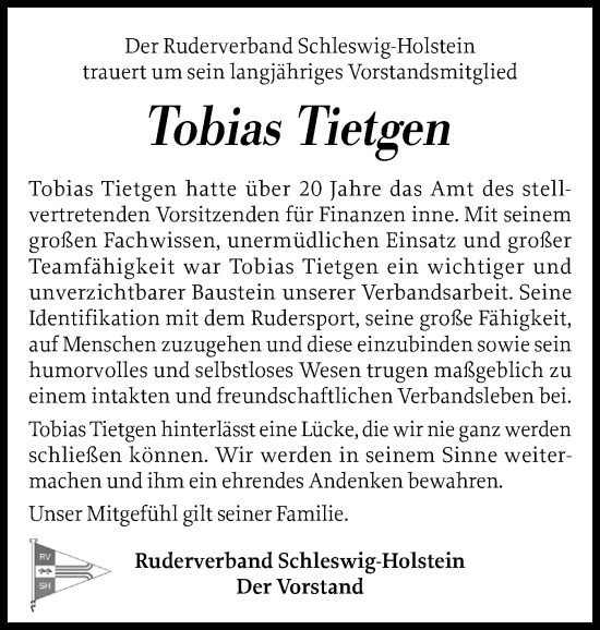 Traueranzeige von Tobias Tietgen von Husumer Nachrichten, Nordfriesland Tageblatt