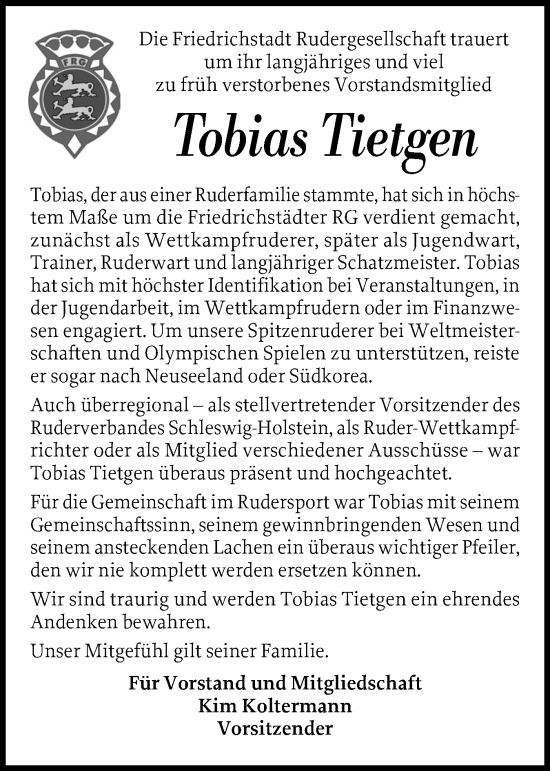 Traueranzeige von Tobias Tietgen von Husumer Nachrichten, Nordfriesland Tageblatt
