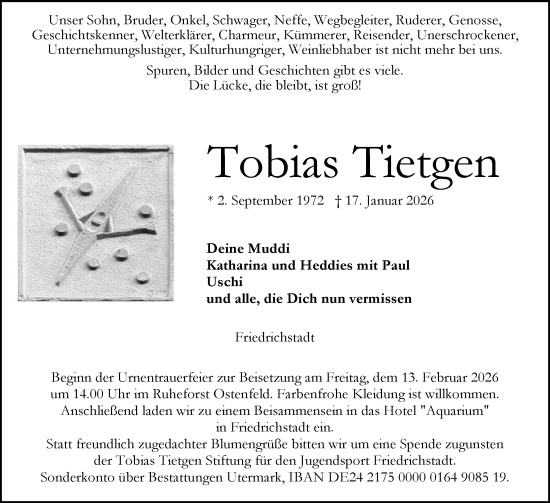 Traueranzeige von Tobias Tietgen von Husumer Nachrichten, Nordfriesland Tageblatt