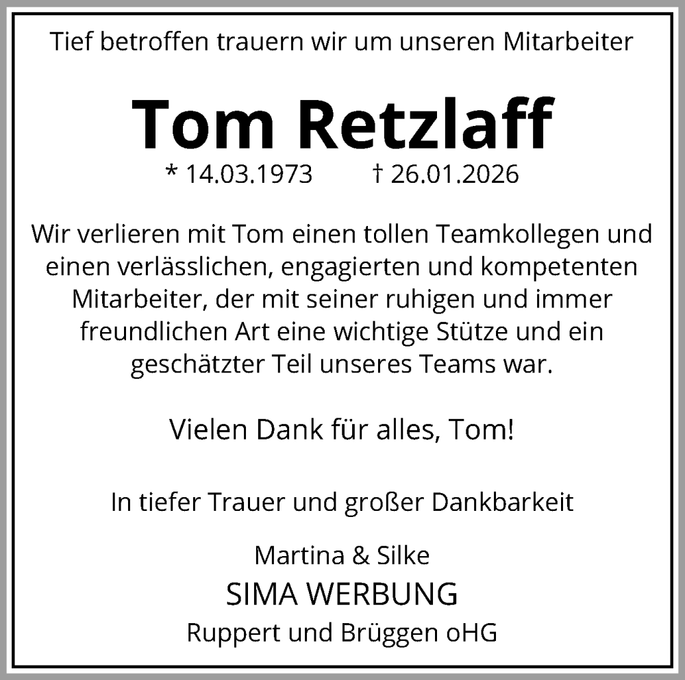  Traueranzeige für Tom Retzlaff vom 07.02.2026 aus Flensburger Tageblatt