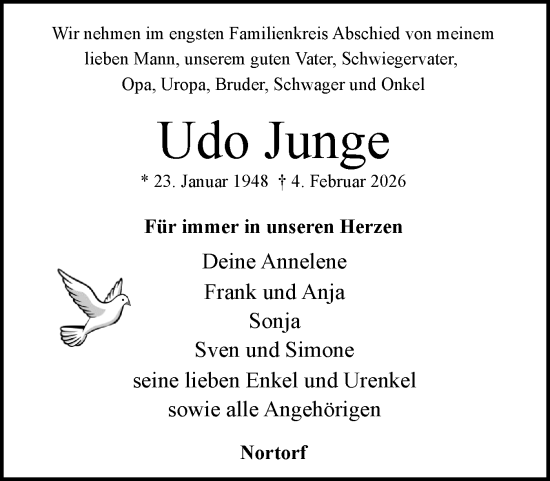 Traueranzeige von Udo Junge von Norddeutsche Rundschau, Wilstersche Zeitung, Glückstädter Fortuna