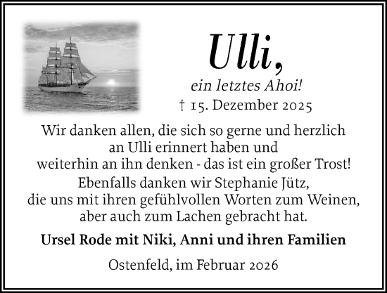 Traueranzeige von Ulli Rode von Husumer Nachrichten, Nordfriesland Tageblatt