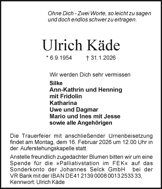 Traueranzeige von Ulrich Käde von Holsteinischer Courier