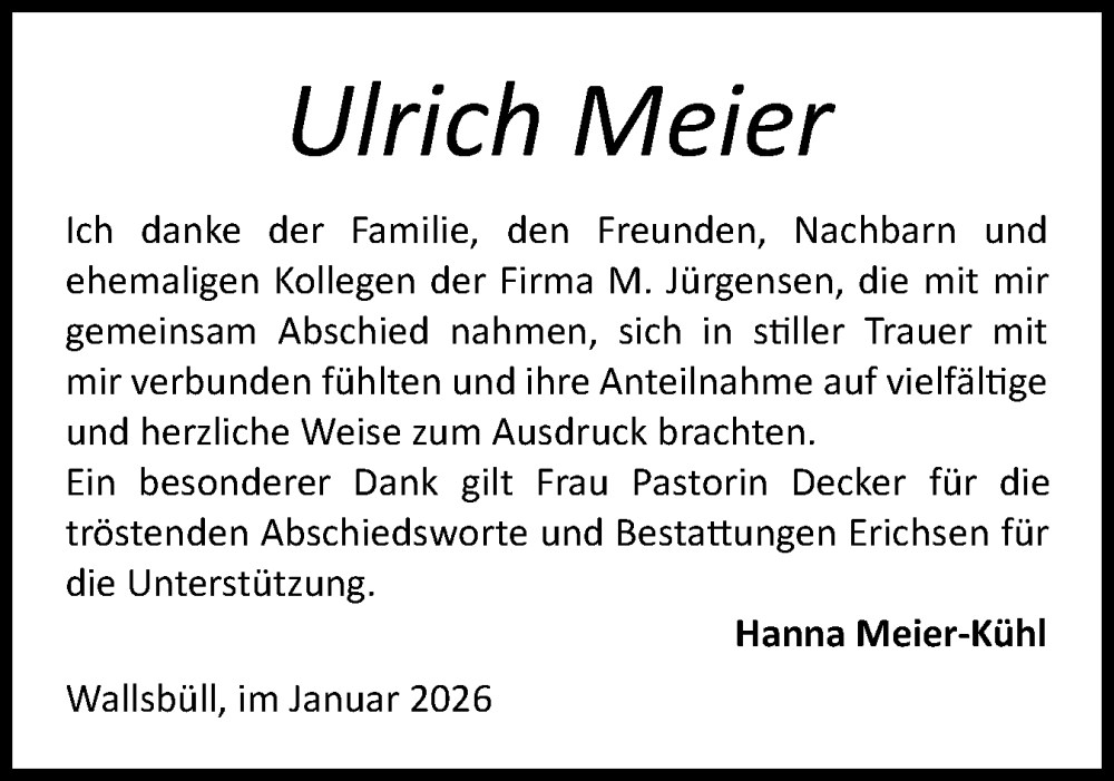  Traueranzeige für Ulrich Meier vom 24.01.2026 aus Flensburger Tageblatt