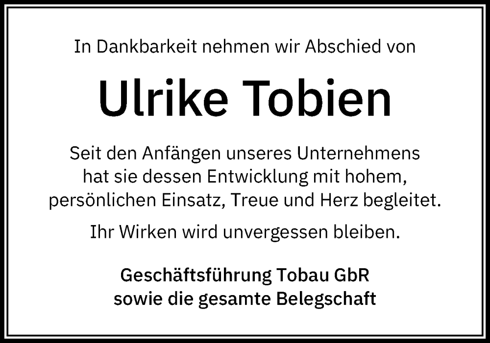  Traueranzeige für Ulrike Tobien vom 24.01.2026 aus Holsteinischer Courier
