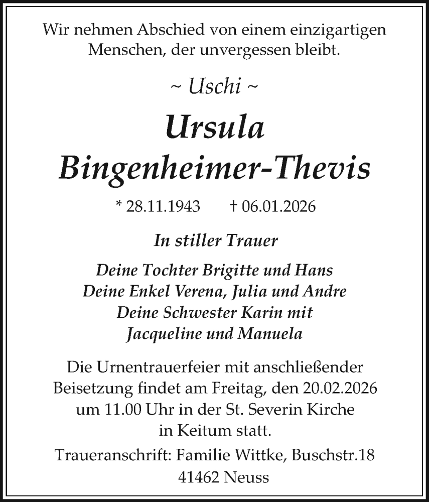  Traueranzeige für Ursula Bingenheimer-Thevis vom 14.02.2026 aus Sylter Rundschau