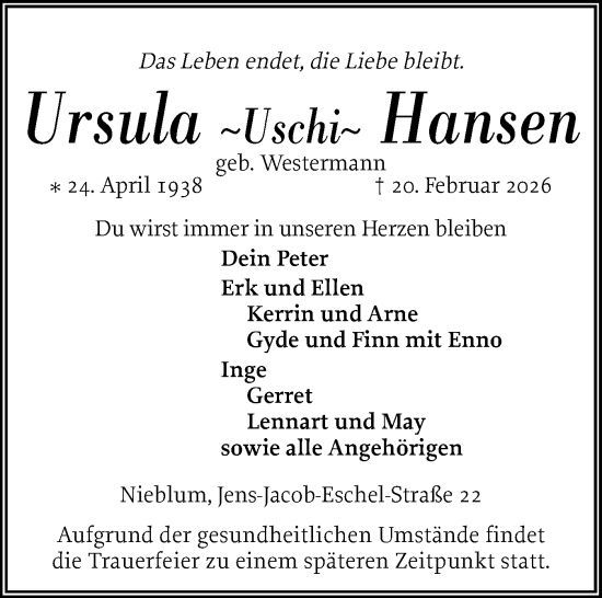 Traueranzeige von Ursula Hansen von Der Insel-Bote