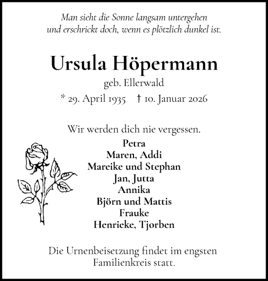Traueranzeige von Ursula Höpermann von Wedel-Schulauer Tageblatt, tip Wedel-Schulauer Tageblatt, tip Rissener Rundschau