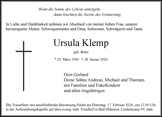 Traueranzeige von Ursula Klemp von MARKT Glinde/Reinfeld