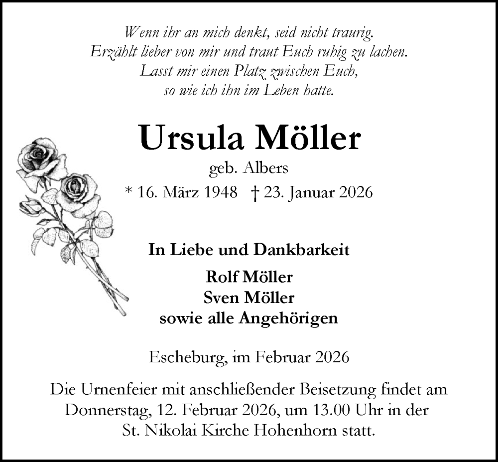  Traueranzeige für Ursula Möller vom 07.02.2026 aus Wochenend Anzeiger