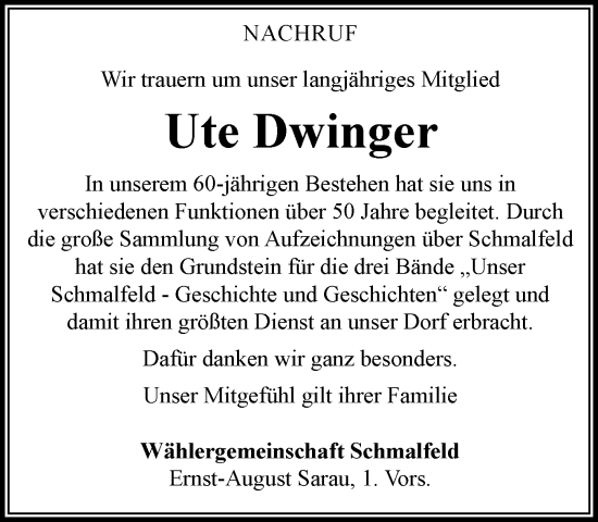Traueranzeige von Ute Dwinger von Umschau