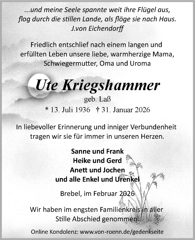  Traueranzeige für Ute Kriegshammer vom 21.02.2026 aus Schleswiger Nachrichten, Schlei-Bote