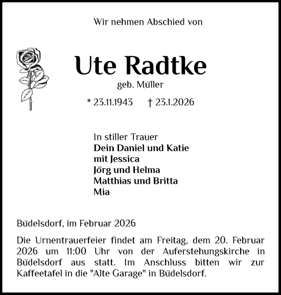 Traueranzeige von Ute Radtke von Schleswig-Holsteinische Landeszeitung
