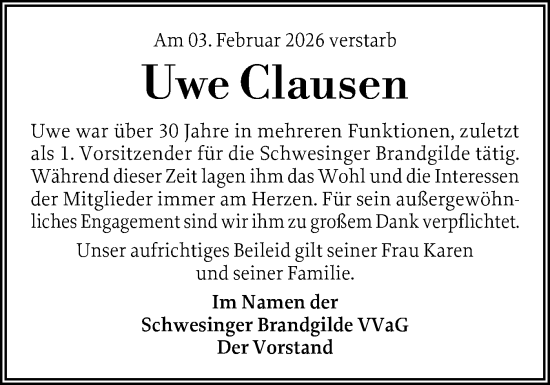 Traueranzeige von Uwe Clausen von Husumer Nachrichten, Nordfriesland Tageblatt