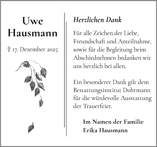 Traueranzeige von Uwe Hausmann von Region Pinneberg und tip Pinneberg