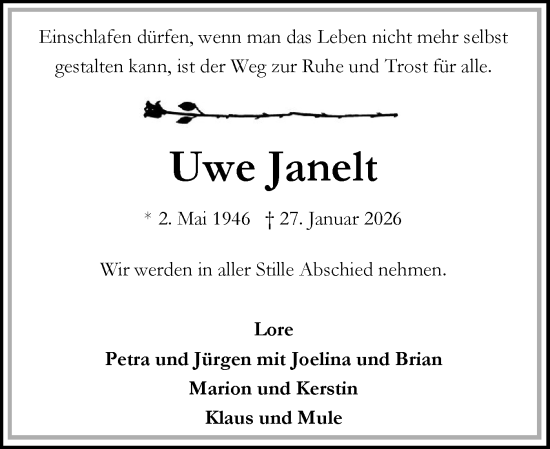 Traueranzeige von Uwe Janelt von Flensburger Tageblatt