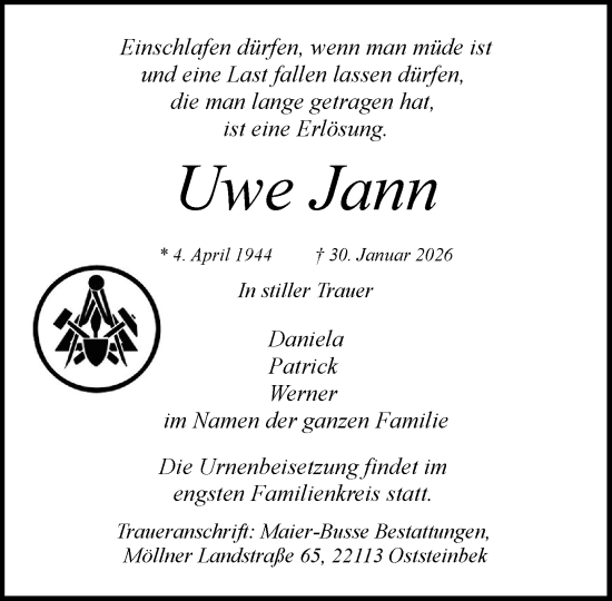 Traueranzeige von Uwe Jann von MARKT Glinde/Reinfeld