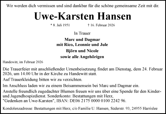 Traueranzeige von Uwe-Karsten Hansen von Flensburger Tageblatt