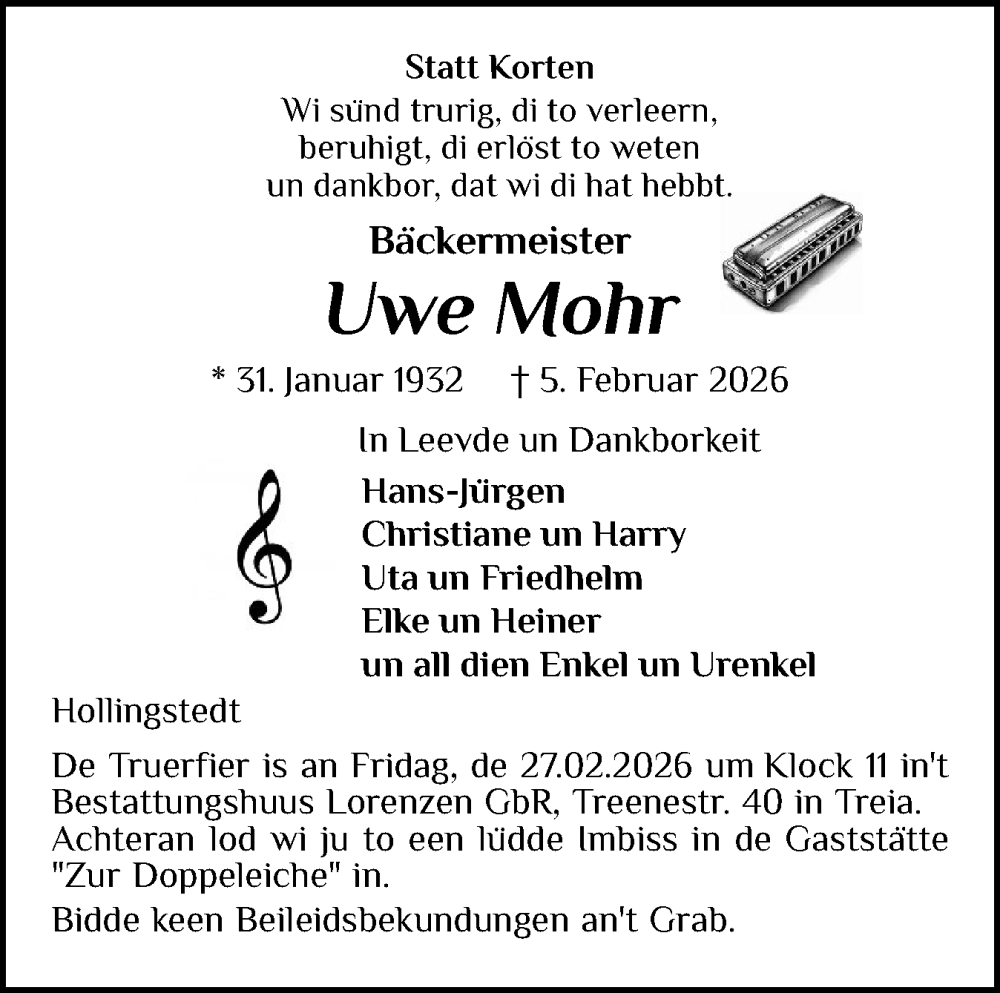  Traueranzeige für Uwe Mohr vom 21.02.2026 aus Schleswiger Nachrichten, Schlei-Bote