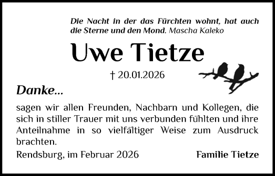 Traueranzeige von Uwe Tietze von Schleswig-Holsteinische Landeszeitung