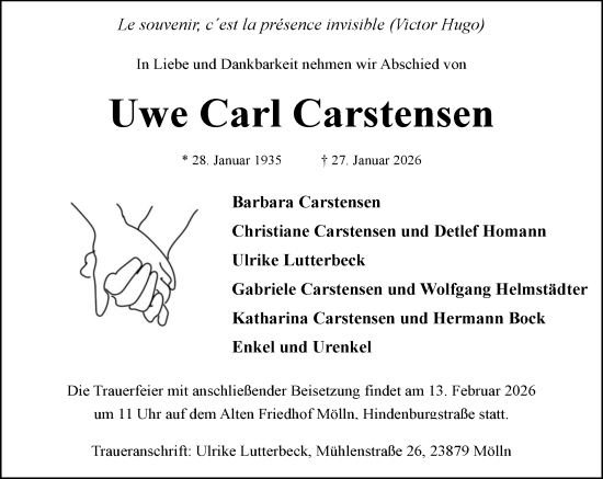Traueranzeige von Uwe Carl Carstensen von MARKT Ratzeburg/Mölln