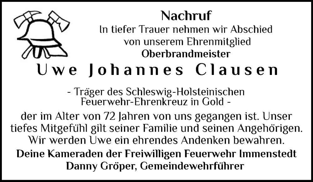  Traueranzeige für Uwe Johannes Clausen vom 12.02.2026 aus Husumer Nachrichten, Nordfriesland Tageblatt