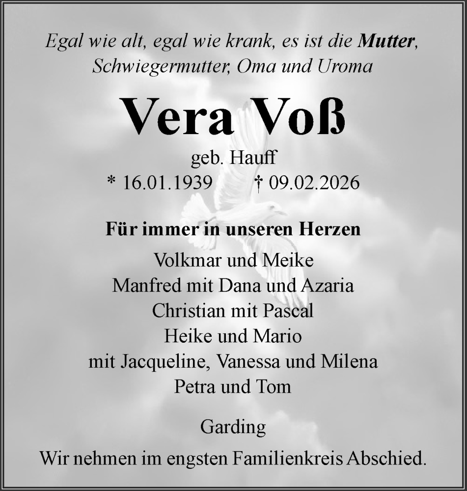  Traueranzeige für Vera Voß vom 13.02.2026 aus Husumer Nachrichten, Nordfriesland Tageblatt