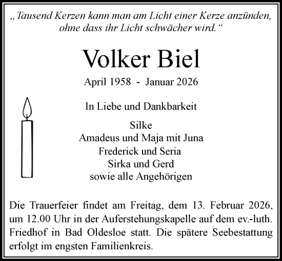 Traueranzeige von Volker Biel von MARKT Bad Oldesloe/Reinfeld und Stormarner Tageblatt