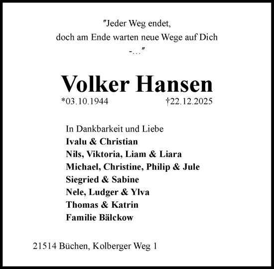 Traueranzeige von Volker Hansen von Wochenend Anzeiger