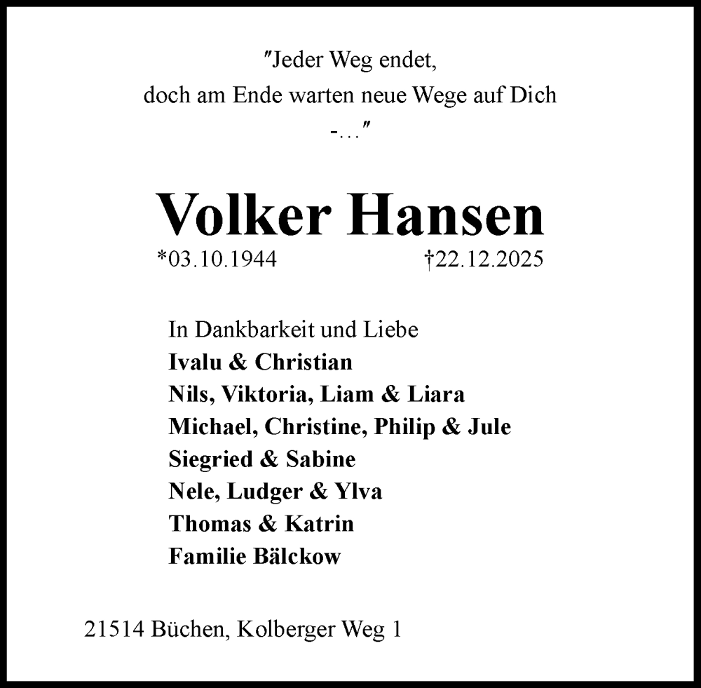  Traueranzeige für Volker Hansen vom 14.02.2026 aus Wochenend Anzeiger