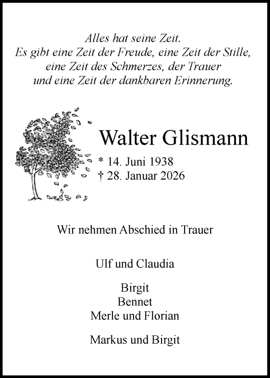 Traueranzeige von Walter Glismann von Region Pinneberg und tip Pinneberg