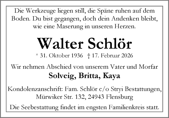 Traueranzeige von Walter Schlör von Flensburger Tageblatt