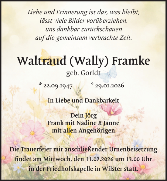 Traueranzeige von Waltraud Framke von Norddeutsche Rundschau, Wilstersche Zeitung, Glückstädter Fortuna