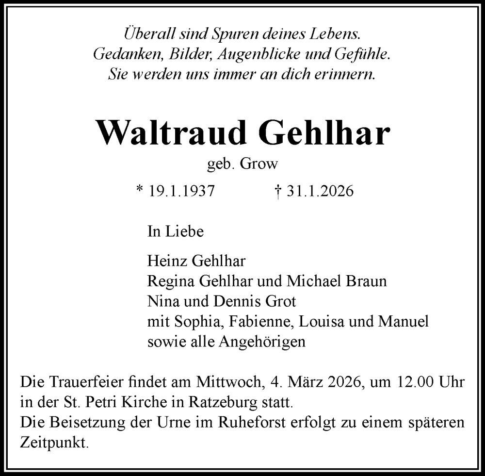  Traueranzeige für Waltraud Gehlhar vom 21.02.2026 aus MARKT Ratzeburg/Mölln