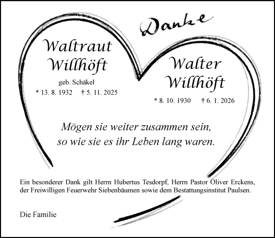 Traueranzeige von Waltraut Willhöft von MARKT Bad Oldesloe/Reinfeld, MARKT Ahrensburg/Bargteheide/Trittau und Stormarner Tageblatt